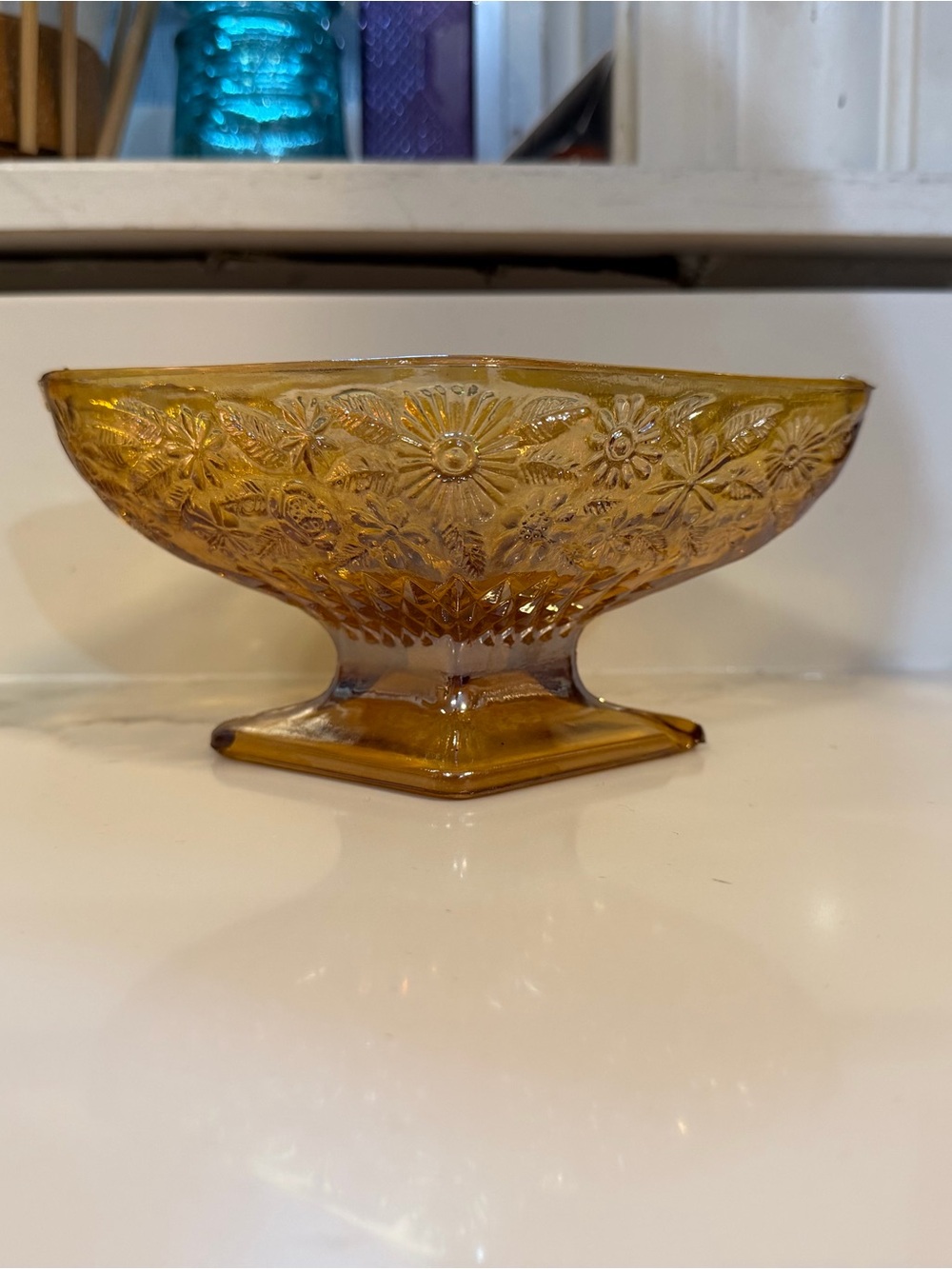 Indiana Glass Amber Pressed Floral Pedestal candy Bowl